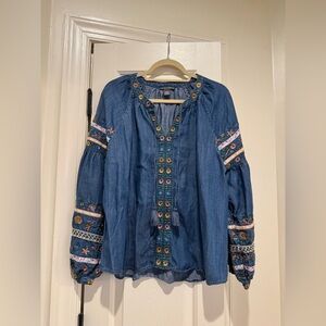 Chelsea & Theodore Blue Embroidered Denim Peasant Blouse